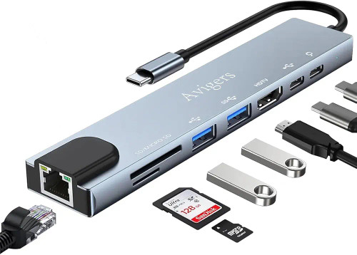 هاب USB C با آداپتور اترنت، آداپتور چند پورته ۸ در ۱ USB C با قدرت ۱۰۰ واتPD برندAvigers