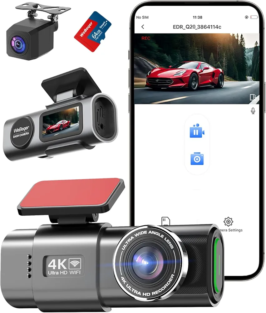 دوربین ثبت وقایع برند WeBeqer  وای‌فای ۴K+1080P جلو عقب با کارت SD ۶۴ گیگابایت، کنترل برنامه، دید در شب، سنسور G، ضبط حلقه‌ای، WDR