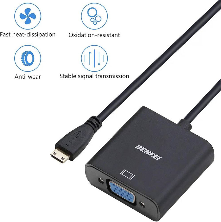 آداپتور مینی HDMI به VGA بنفی، سازگار با اولترابوکها، نوتبوکها، تبلتها، دوربینهای عکاسی و فیلمبردداری- مشکی